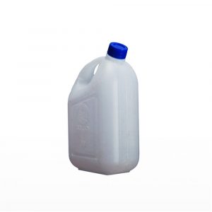 Jerigan 2 liter PT Golgon warna putih tutup biru tampak dari sudut