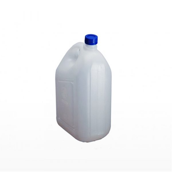Jerigan 5 liter PT Golgon warna putih tutup biru tampak dari sudut