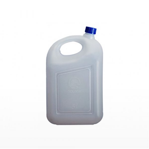 Jerigan 5 liter PT Golgon warna putih tutup biru tampak samping